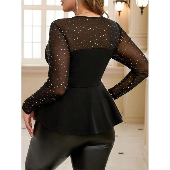 Women's Plus Size Mesh Sheer Peplum Ruffle Hem Elegant Cocktail Top - Picture 2 of 6